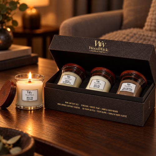 Набір свічок Woodwick Mini Fireside, Sand and driftwood, White teak