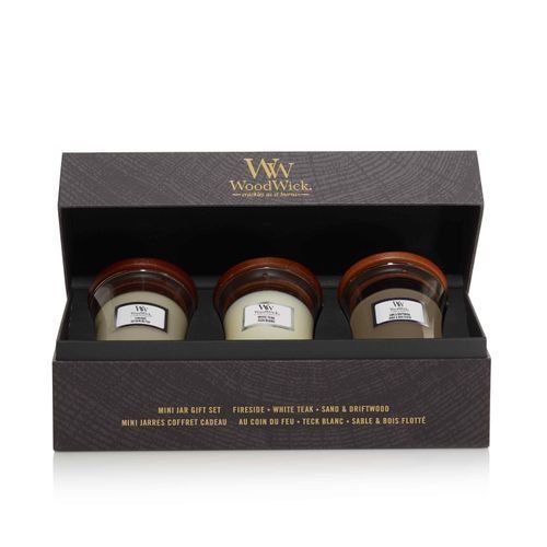 Корпоративный подарок - Набор свечей Woodwick Mini Fireside, Sand and driftwood, White teak